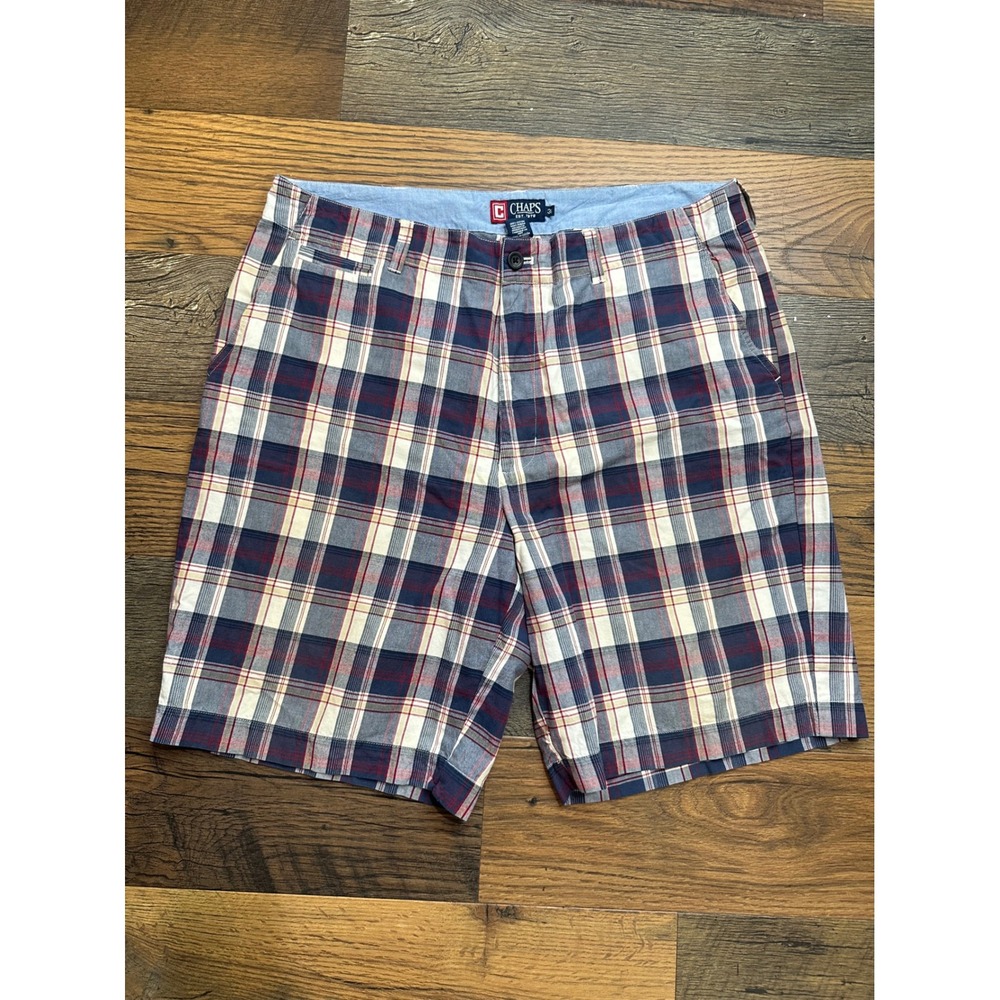 Chaps Mens Plaid Cotton Shorts Navy Blue Red White Flat Front Size 38